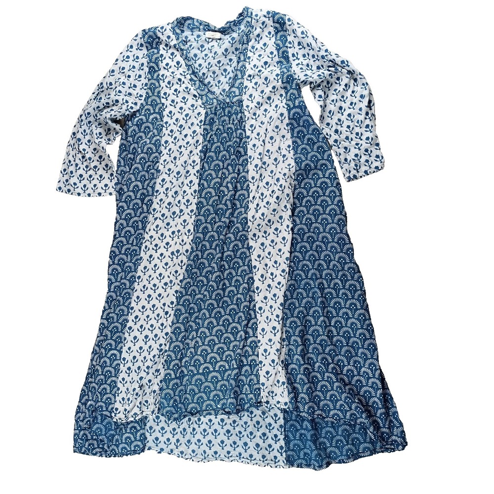 World Market Kaftan Dress L/XL Blue Cotton Colorblock Lightweight Boho **